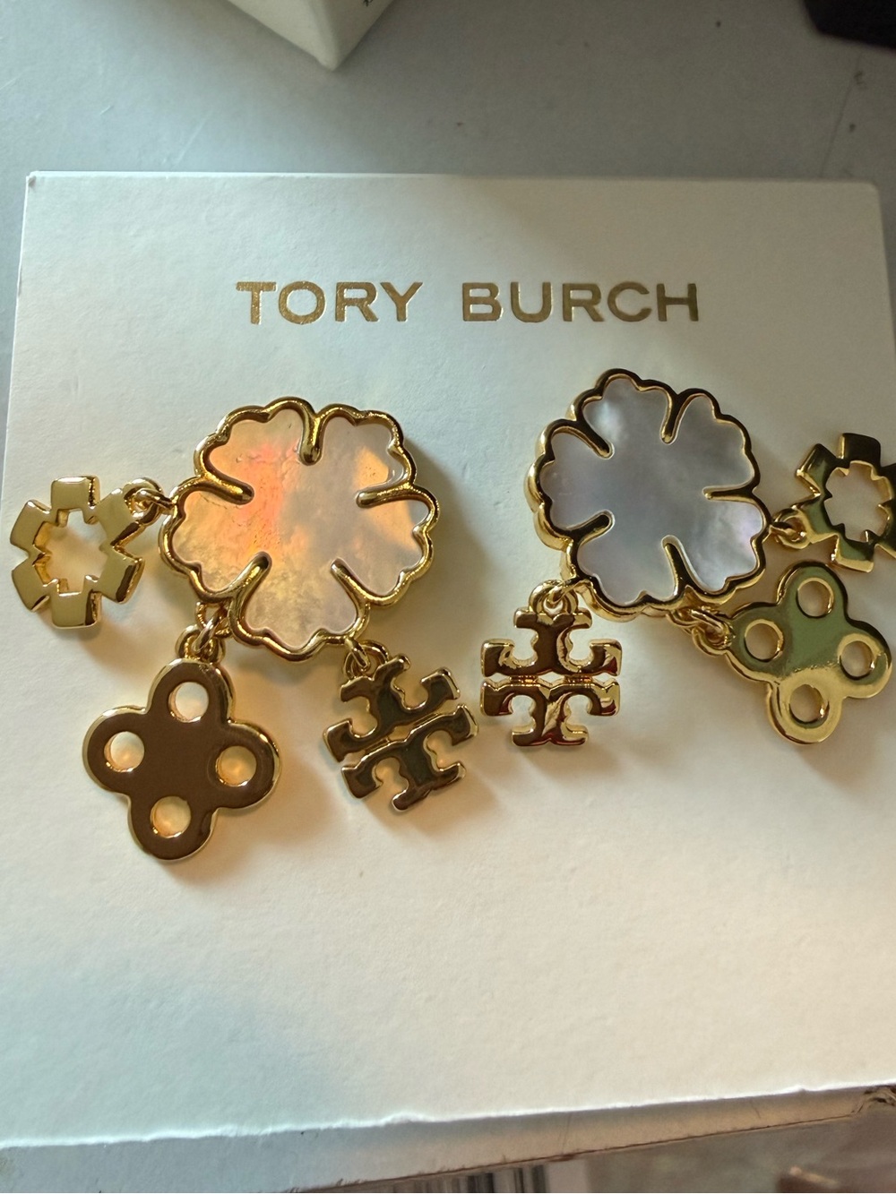 Tory Burch Gold and Mother-of-Pearl Floral Dangle Earrings